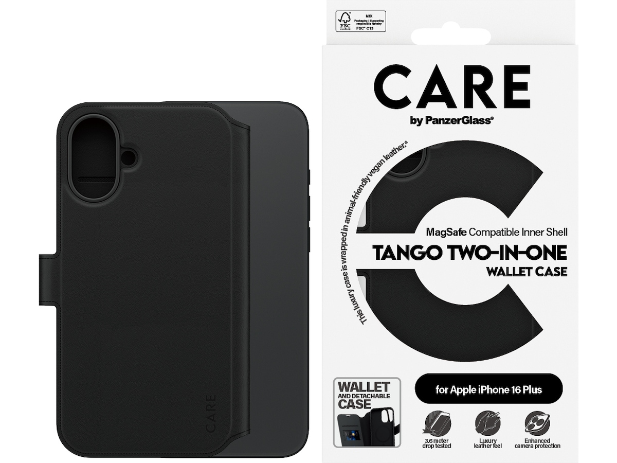 PanzerGlass CARE iPhone 16 Plus Tango 2-i-1 Plånboksfodral (svart) Skydd