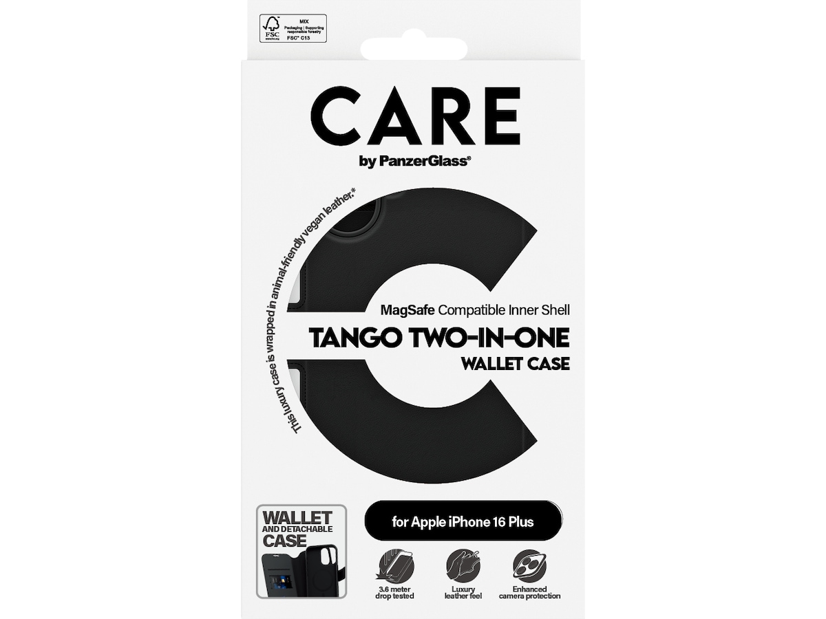 PanzerGlass CARE iPhone 16 Plus Tango 2-i-1 Plånboksfodral (svart) Skydd