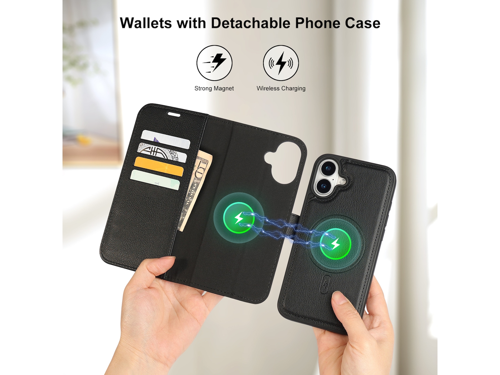 iiglo iPhone 16 Plus 2-i-1 Plånboksfodral (svart) Skydd