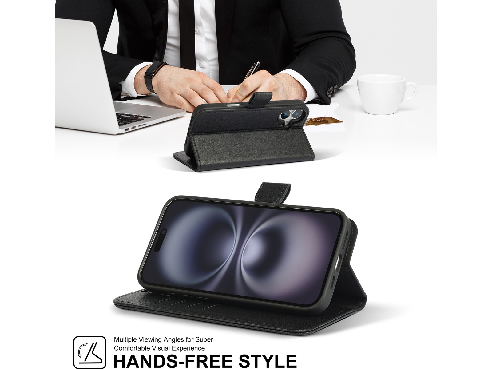 iiglo iPhone 16 Plus 2-i-1 Plånboksfodral (svart) Skydd