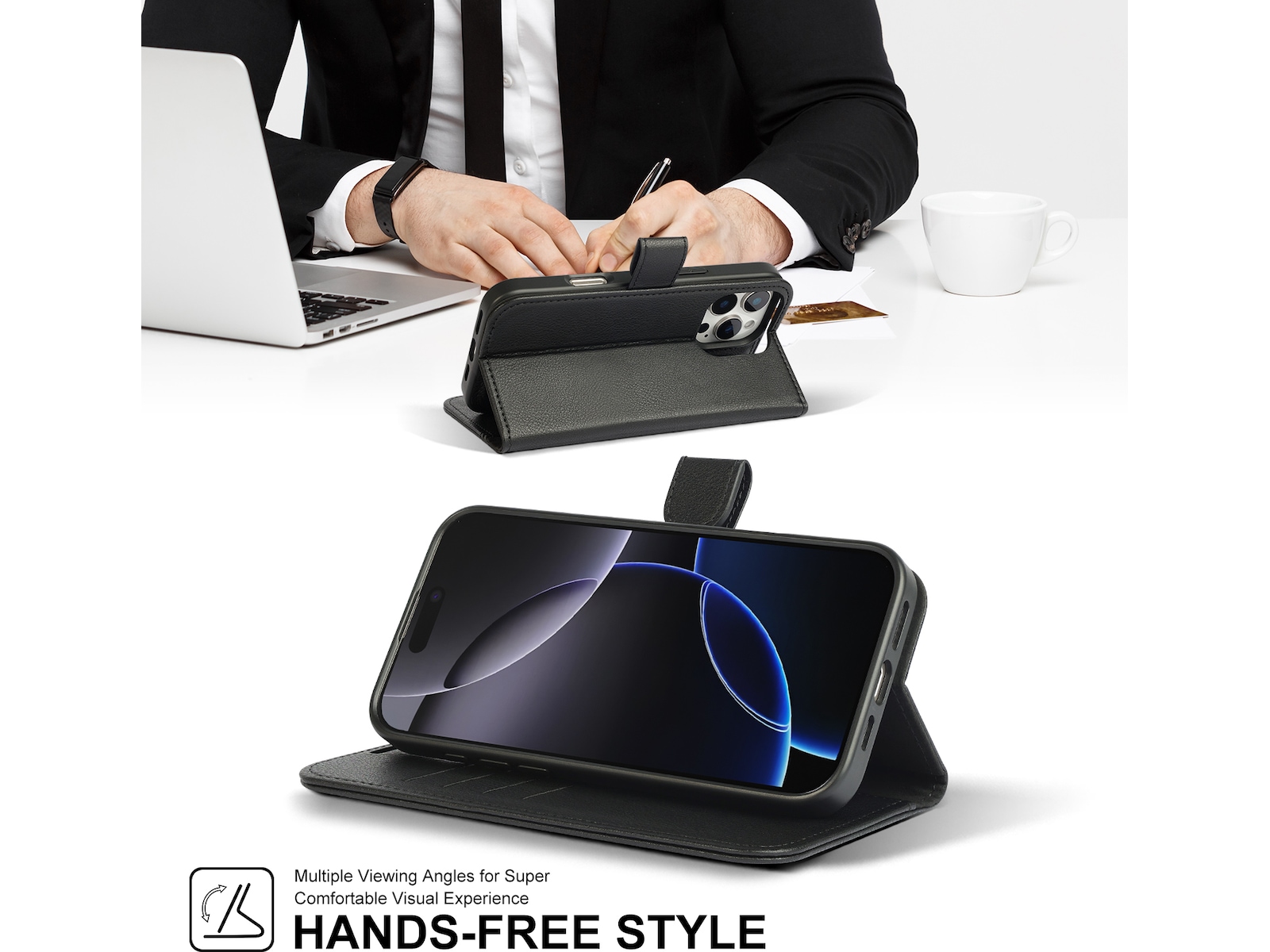 iiglo iPhone 16 Pro Max 2-i-1 Plånboksfodral (svart) Skydd