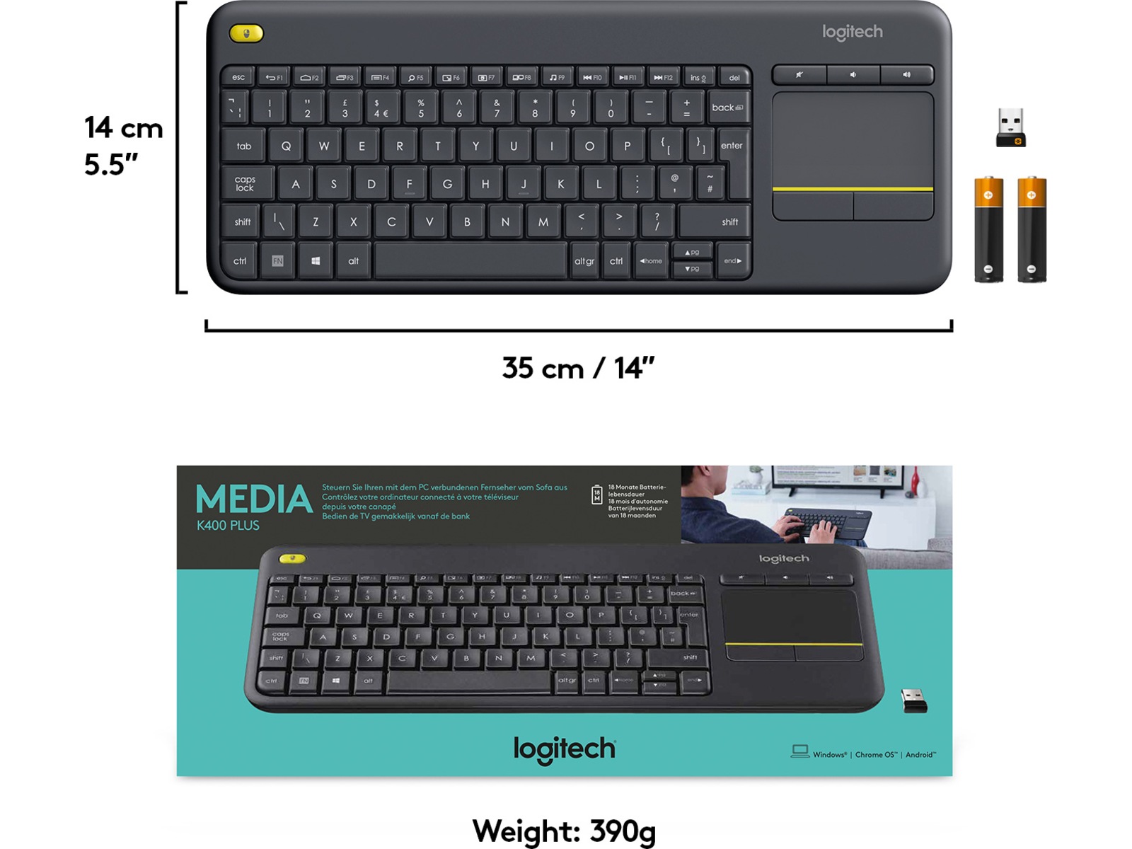 Logitech K400 Plus Tangentbord Mörkgrå Tangentbord