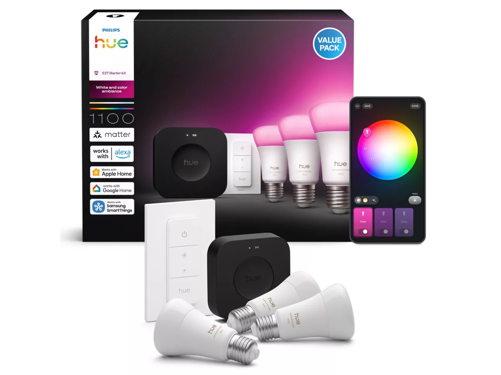 Philips Hue WCA startpaket (3x E27 + Dimmer + Bridge Pro) LED-lampor & glödlampor
