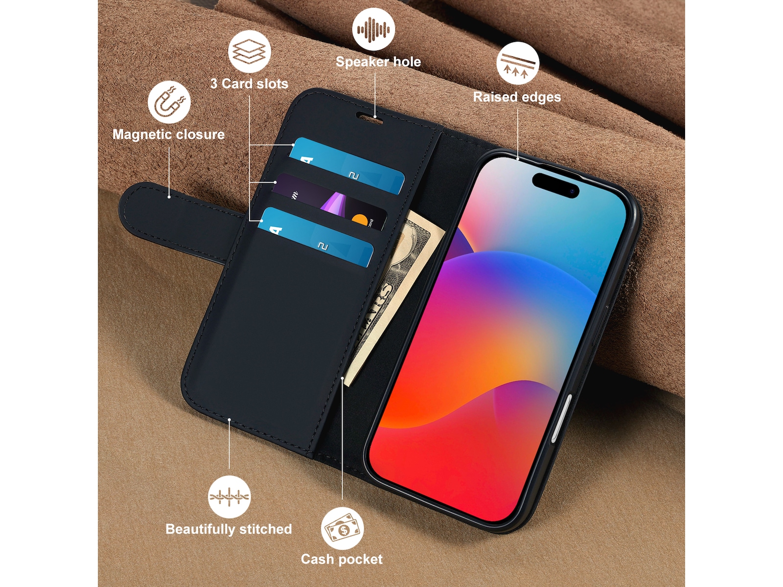 iiglo iPhone 16 Plånboksfodral (svart) Skydd