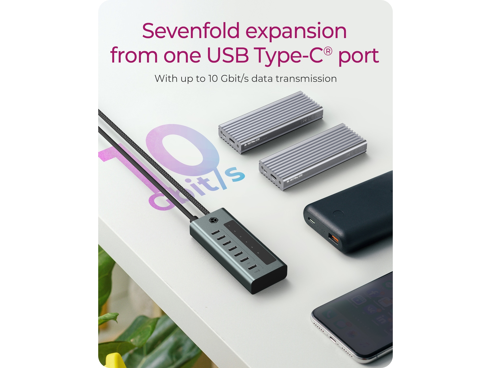 ICY BOX 7 Port USB-C Hub (blå/grå) Dockningsstation och USB-hub
