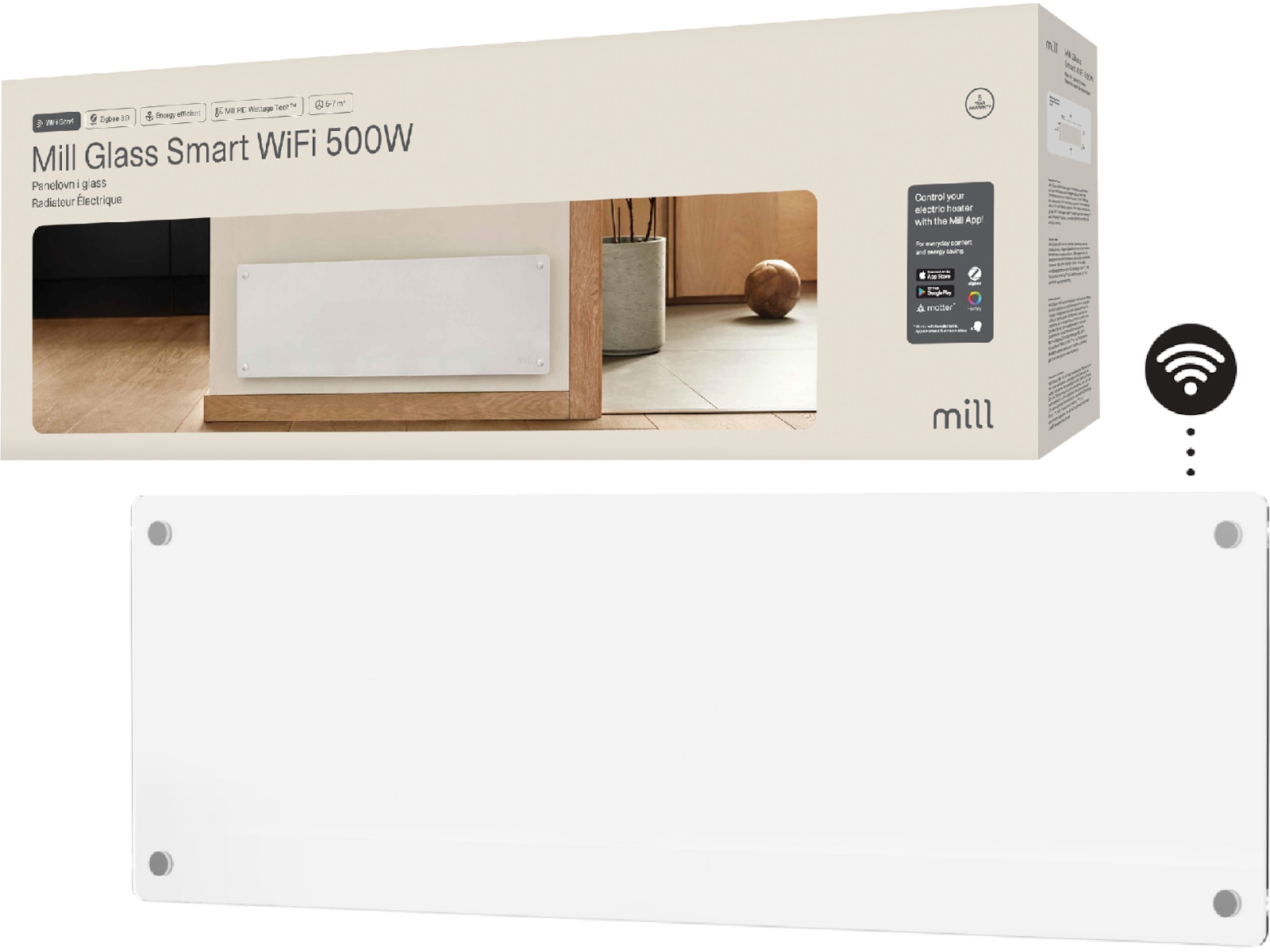 Mill Glass Smart WiFi Gen 4 panellist 500W Panelelement
