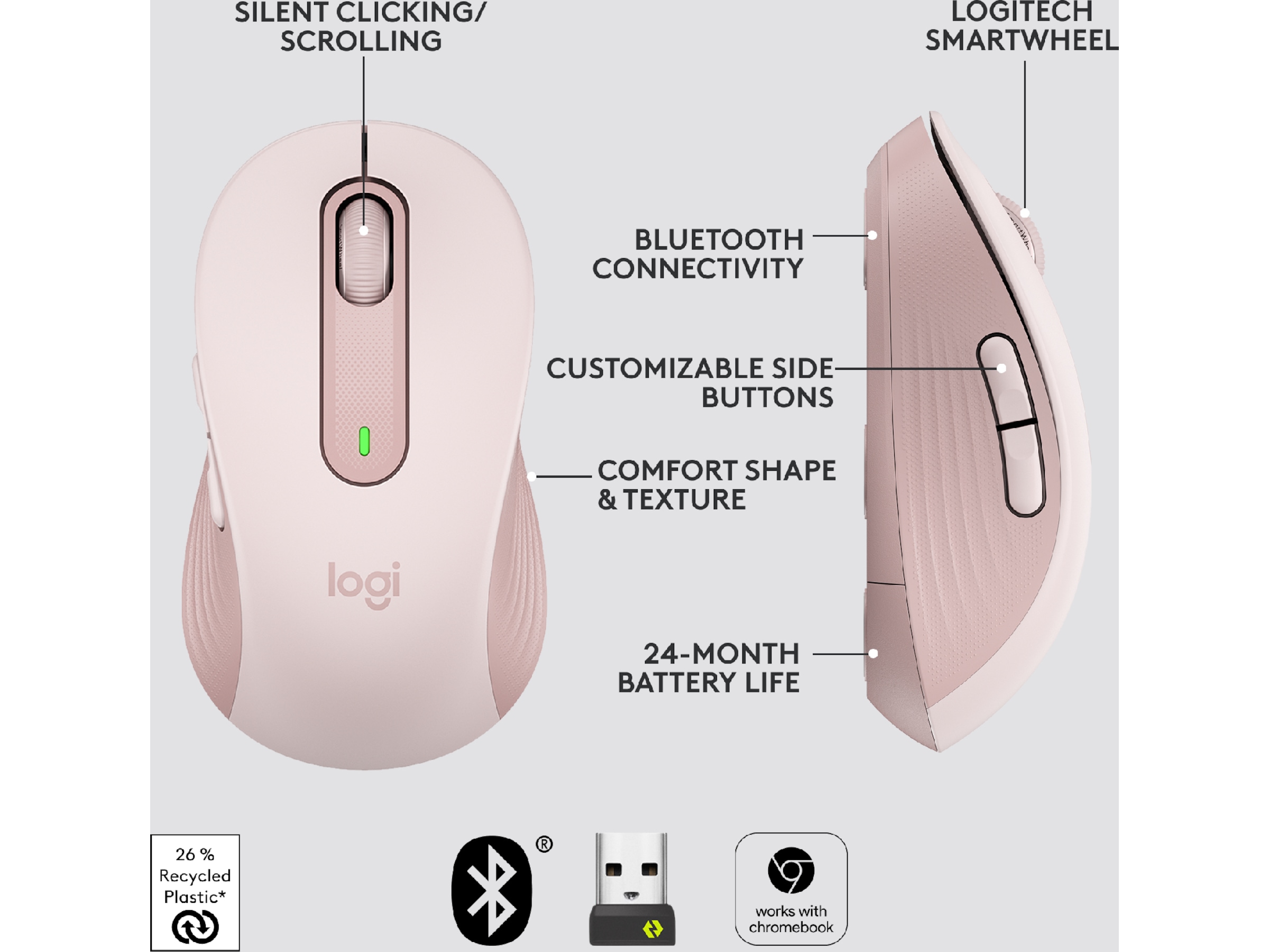 Logitech Signature M650 Large trådlös mus Rosa Mus