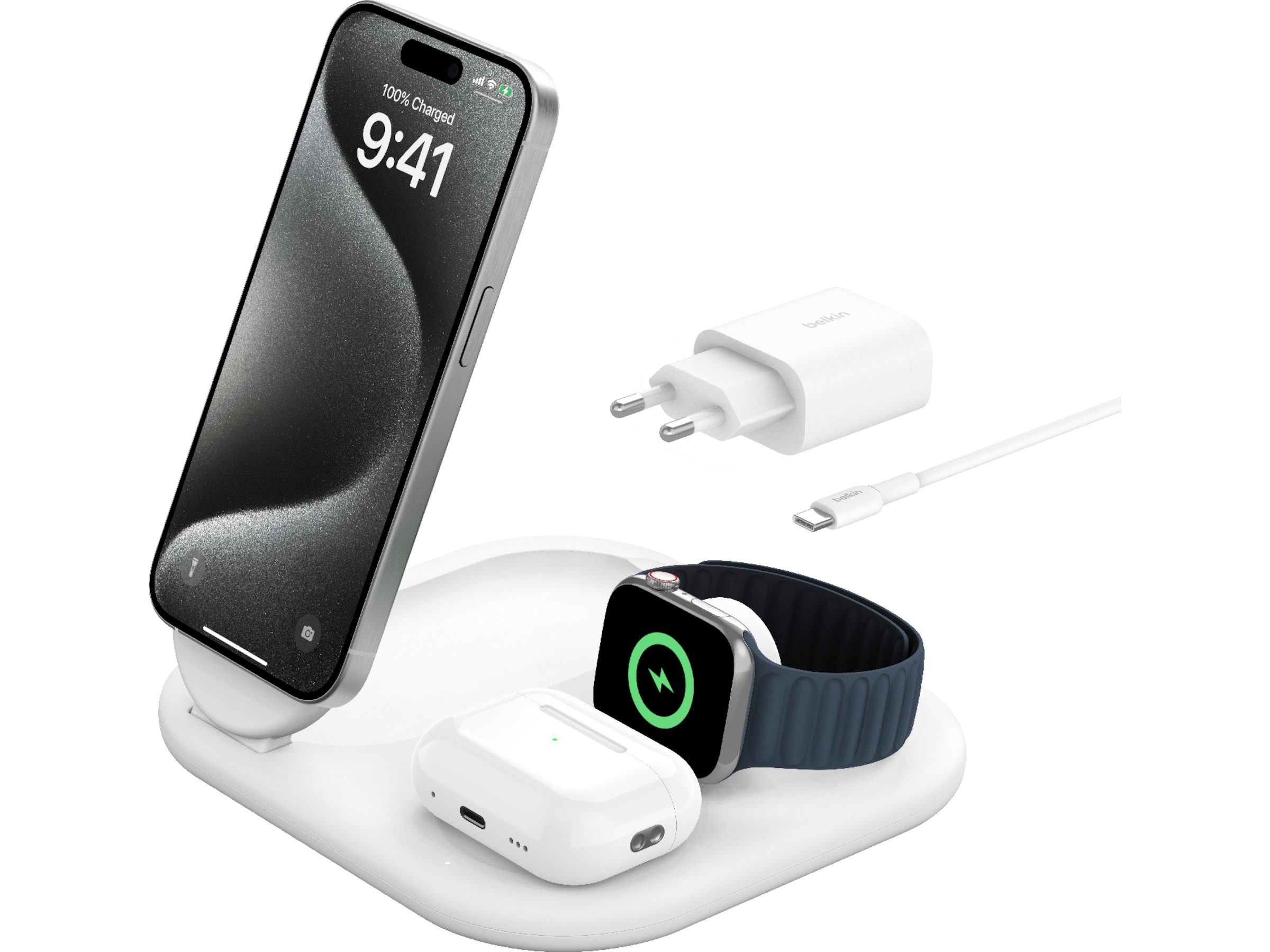Belkin 3-i-1 Qi2 trådlös laddare (vit) Trådlös laddare