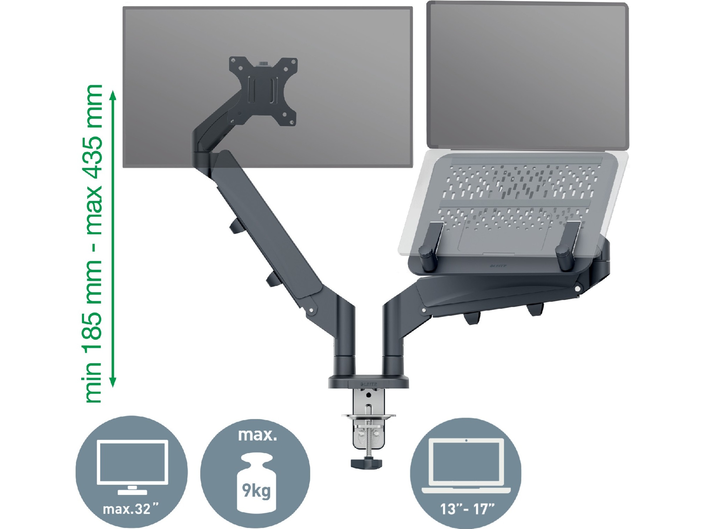 Leitz Ergo Monitorarm & Laptop-Stativ, platsbesparande Bord- & väggfäste
