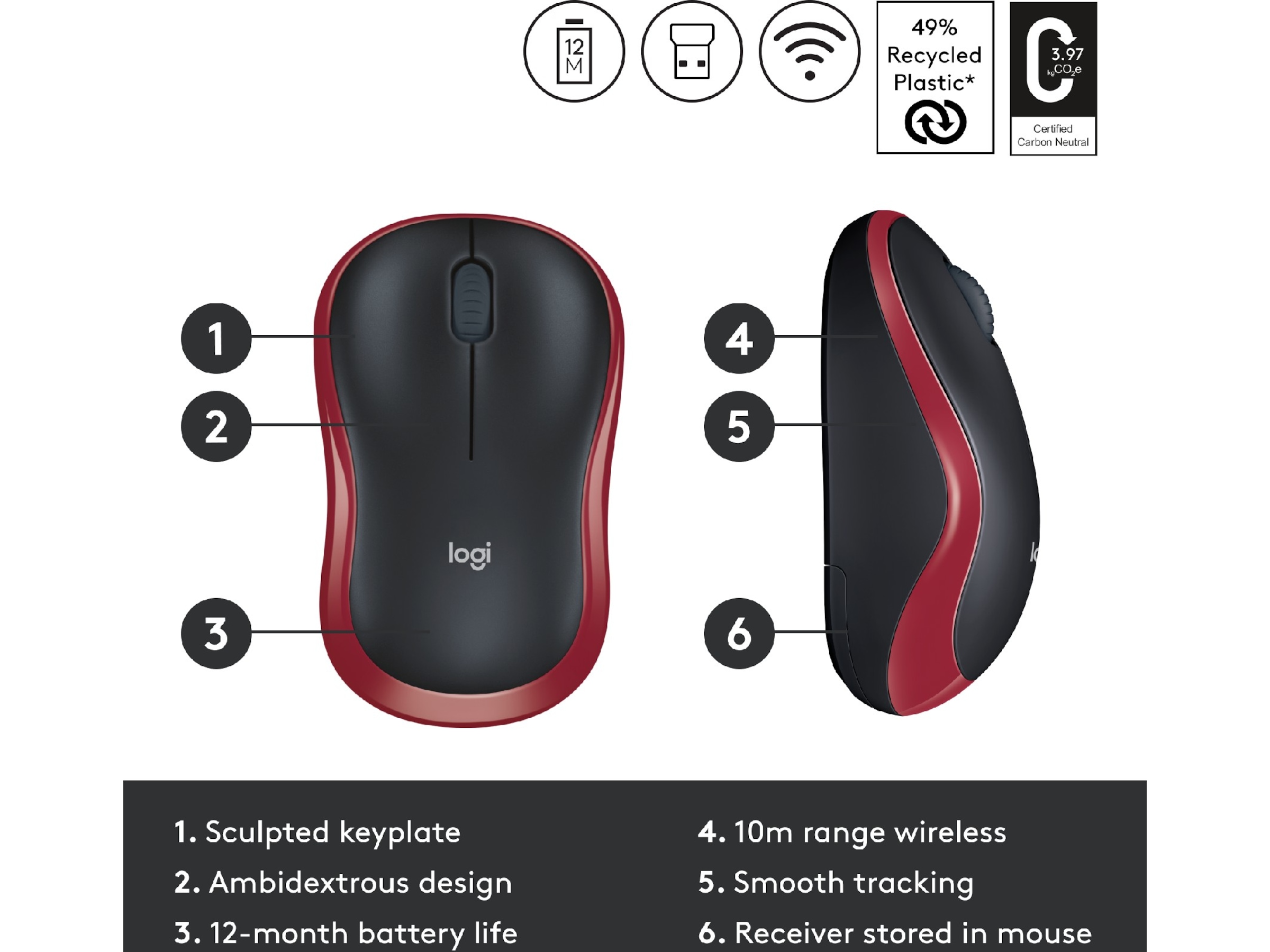 Logitech M185 Trådlös Mus Röd Mus
