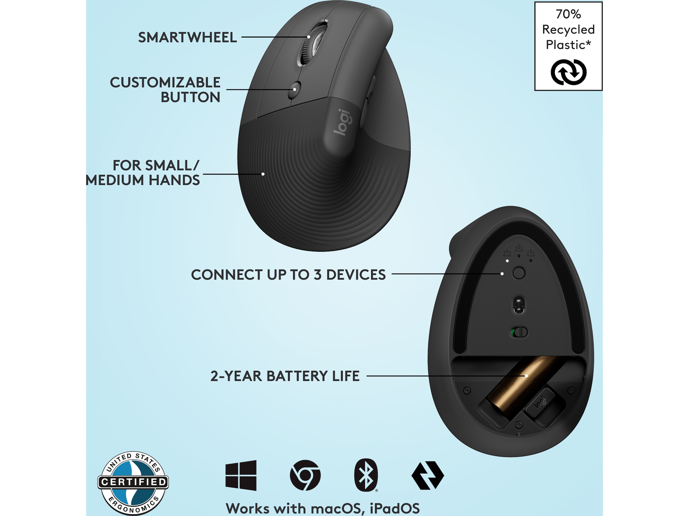 Logitech Lift Vertikal Vänster mus (graphite) Mus