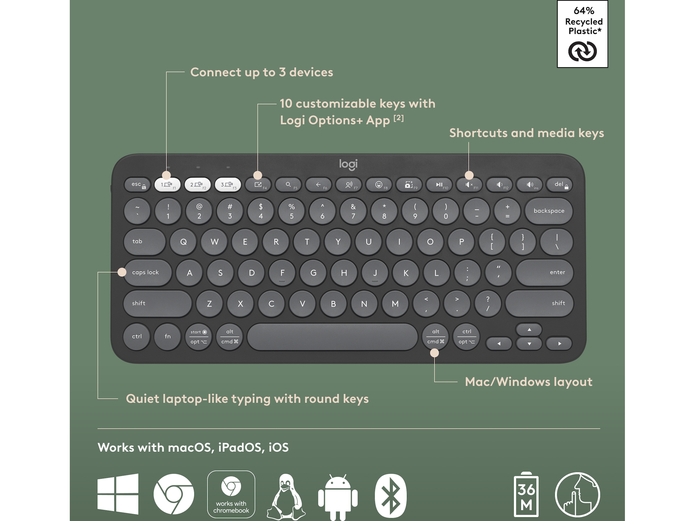 Pebble Keys 2 K380s (svart) Tangentbord