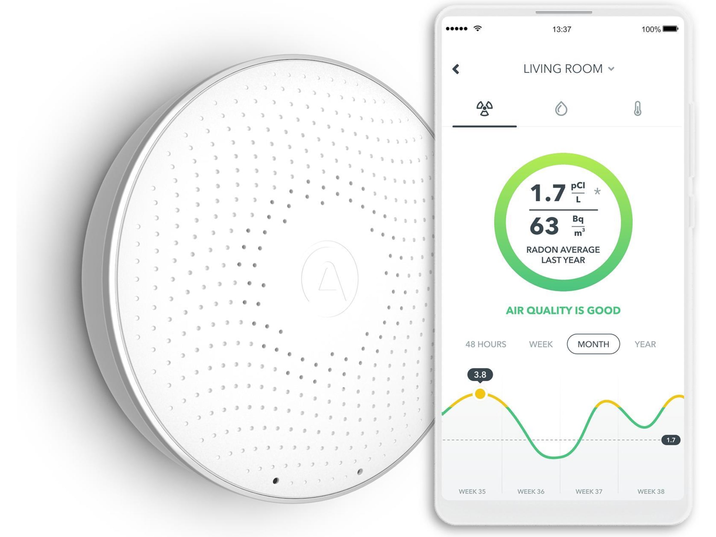 Airthings Wave Radonmäter (vit) Luftkvalitetsmätare