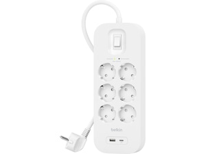 Belkin Strömförgrening 6x uttag och 2x USB 2m (vit) Överspänningsskydd