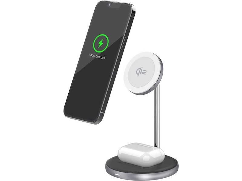 Andersson 2-i-1 Qi2 20W trådlös laddningsstation (silver) Trådlös laddare
