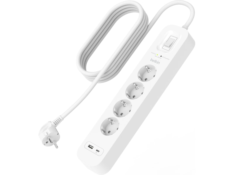 Belkin Strömförgrening 4x uttag och 2x USB 2m (vit) Överspänningsskydd