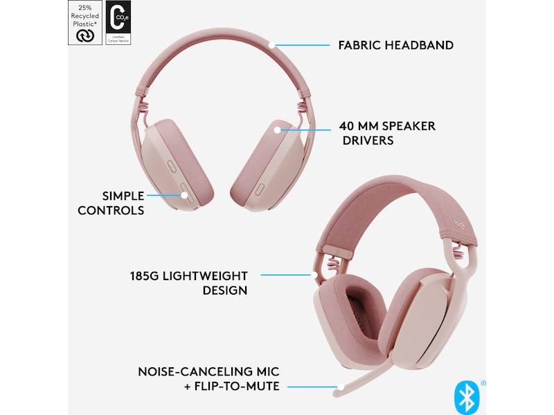 Logitech Zone Vibe 100 trådlös headset (rosa) Hörlurar
