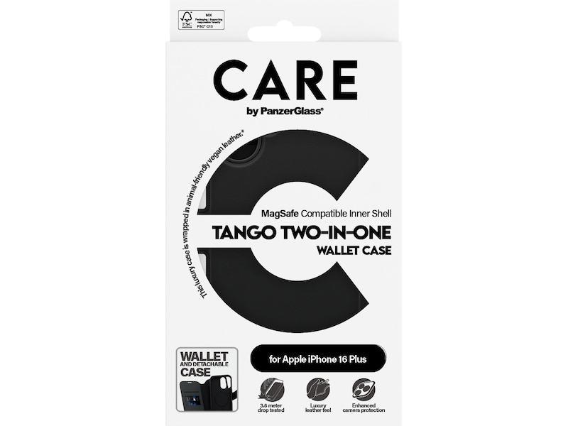 PanzerGlass CARE iPhone 16 Plus Tango 2-i-1 Plånboksfodral (svart) Skydd