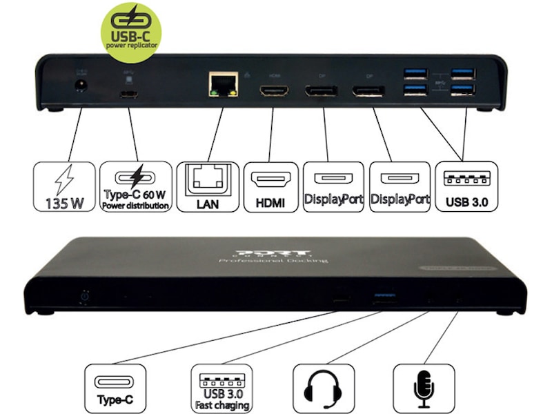 Port Design Docking Station Type C Office 3x4K 85W Dockningsstation och USB-hub