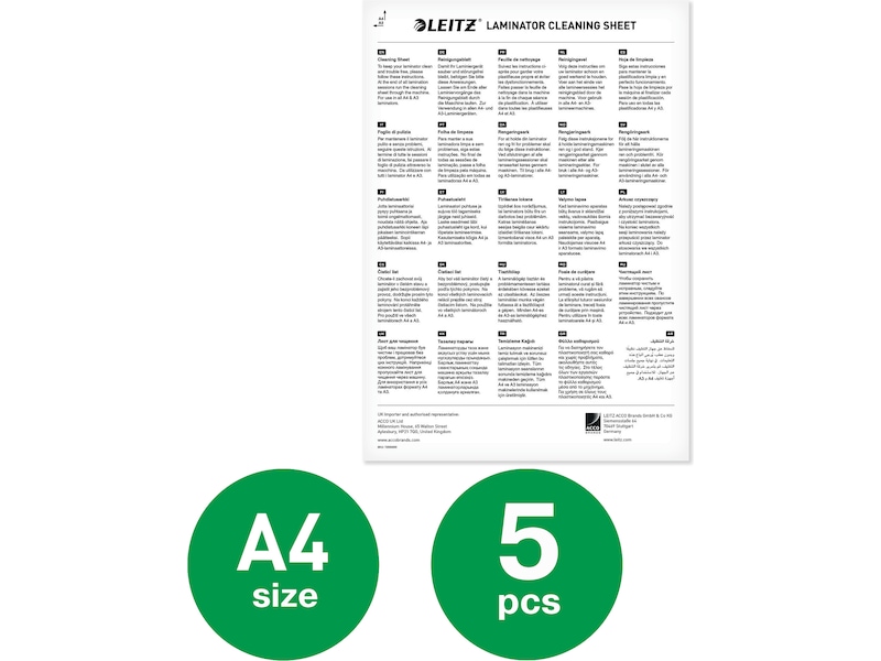 Leitz rengöringsark till lamineringsmaskin, paket med 5 ark Tillbehör för kontorsmaskiner