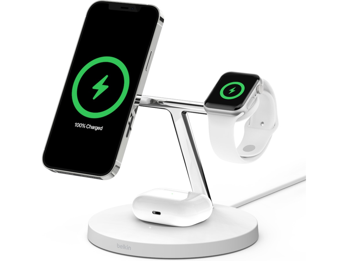 Belkin Boost Charge Pro 3-in-1 Trådlös laddstation med MagSafe - vit - KomplettFöretag.se Belkin Boost Charge Pro 3-in-1 Trådlös laddstation med MagSafe - vit - KomplettFöretag.se
