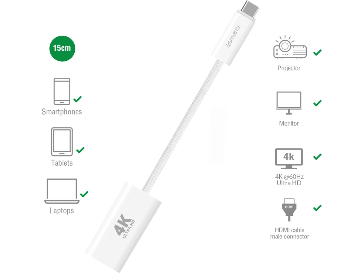 4smarts USB-C till HDMI adapter 15cm (vit) Kabel adapter och övergångar