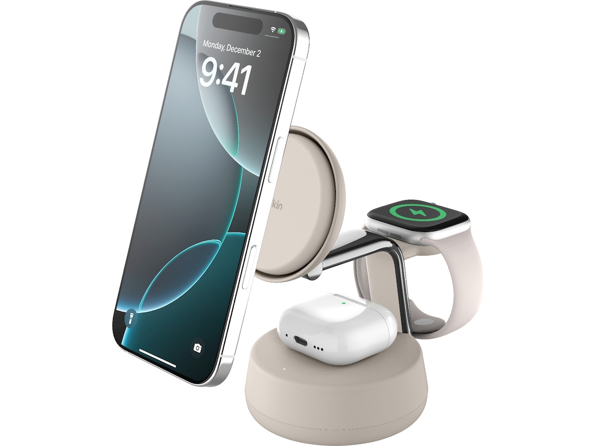 Belkin UltraCharge Pro 3-i-1 Qi2 Laddningsstation (sand) Trådlös laddare