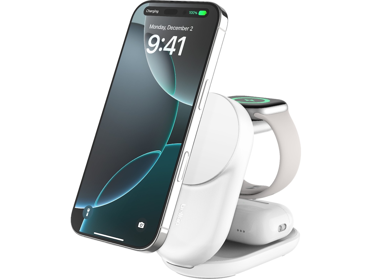 Belkin UltraCharge 3-i-1 Qi2 trådlös laddare (vit) Trådlös laddare