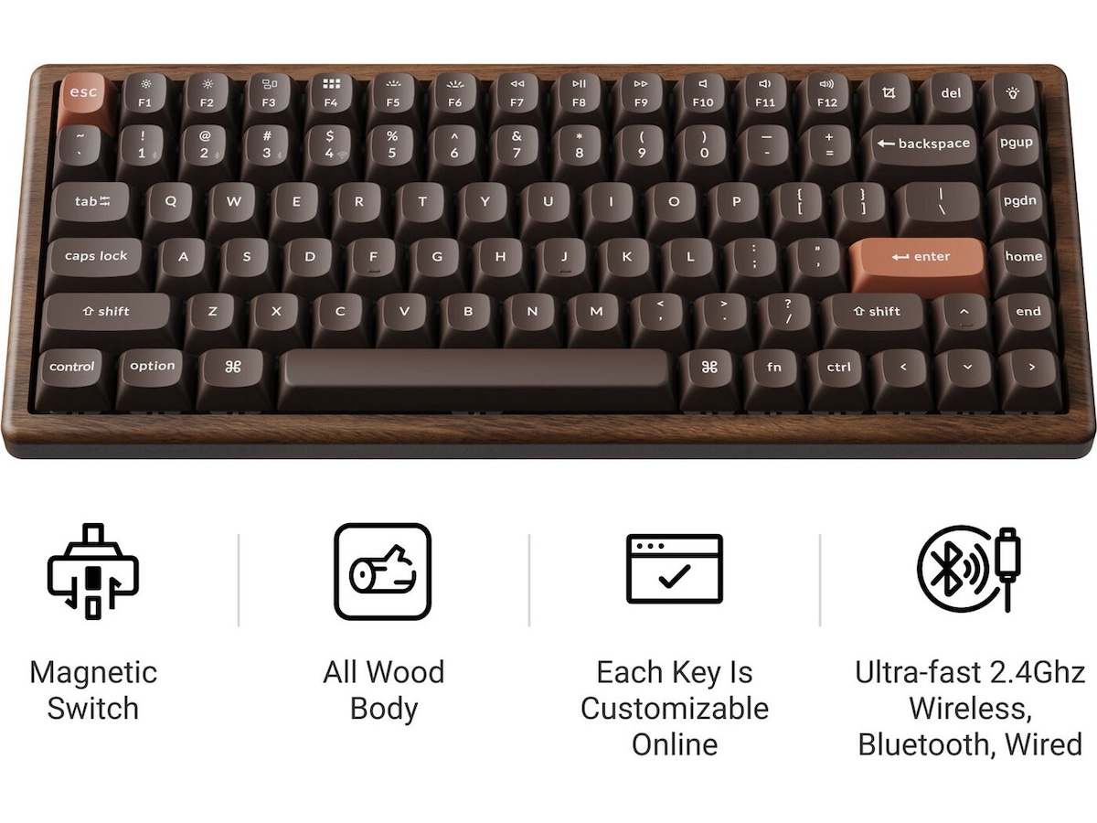 Keychron K2H-F1W-BO trådlöst mekaniskt tangentbord 75% Hall Effect valnöt Gamingtangentbord