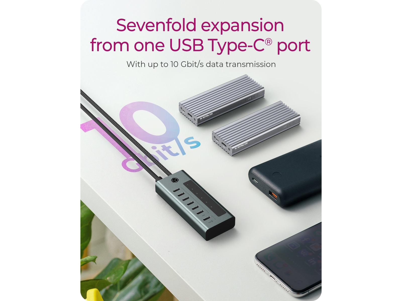 ICY BOX 7 Port USB-C Hub (blå/grå) Dockningsstation och USB-hub