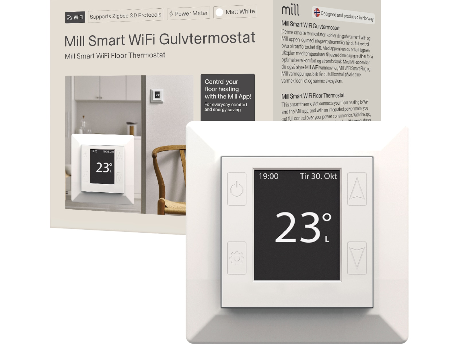 Mill Smart WiFi golvtermostat (matt vit) Tillbehör till värme