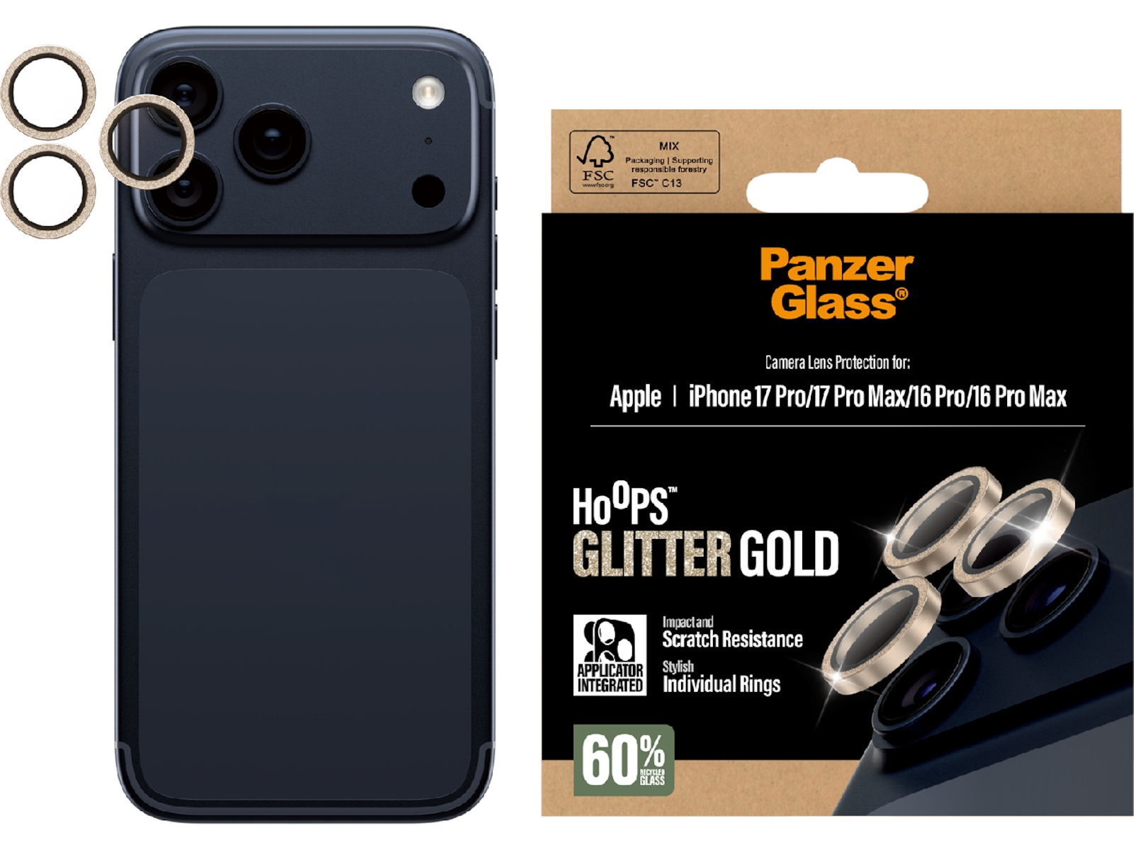 PanzerGlass iPhone 17 Pro / 17 Pro Max / 16 Pro / 16 Pro Max Hoops Linsskydd (glitter gold) Skärmskydd