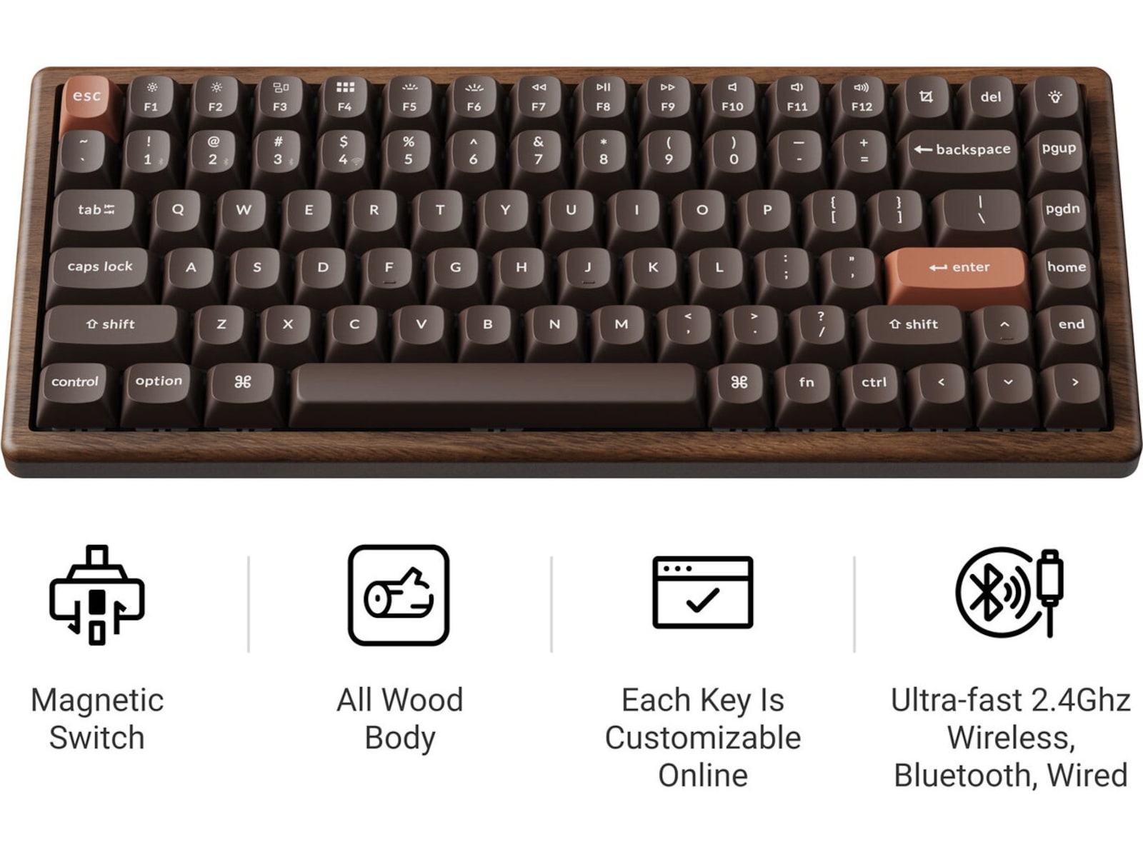 Keychron K2H-F1W-BO trådlöst mekaniskt tangentbord 75% Hall Effect valnöt Gamingtangentbord