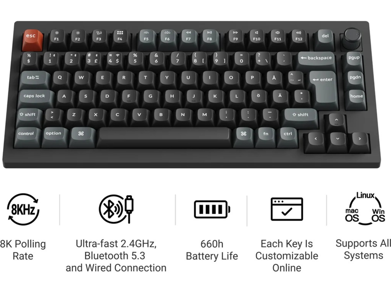 Keychron V1 Ultra 75% 8K Red Trådlöst Gamingtangentbord Gamingtangentbord