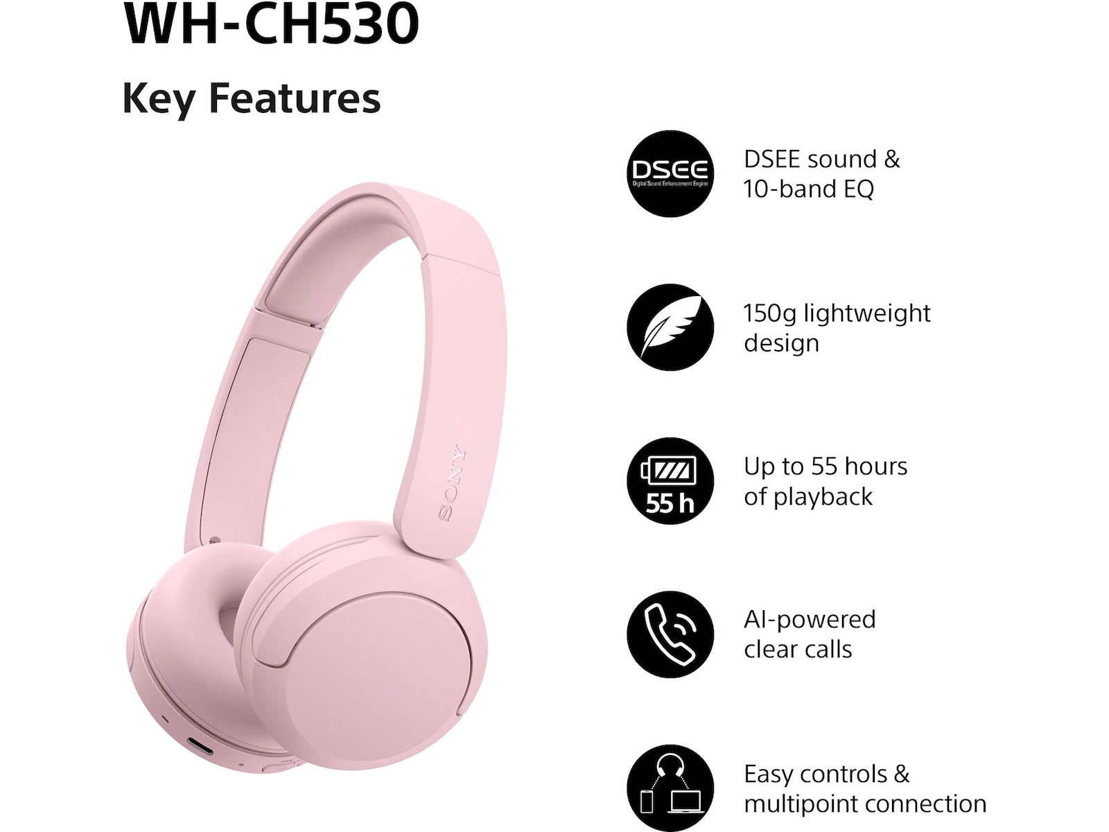 Sony WH-CH530 trådlösa Bluetooth-hörlurar (rosa) Hörlurar