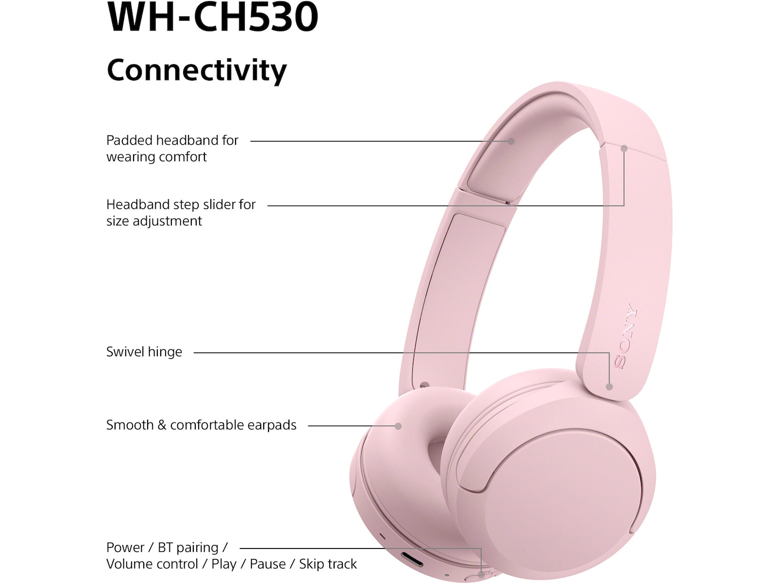 Sony WH-CH530 trådlösa Bluetooth-hörlurar (rosa) Hörlurar