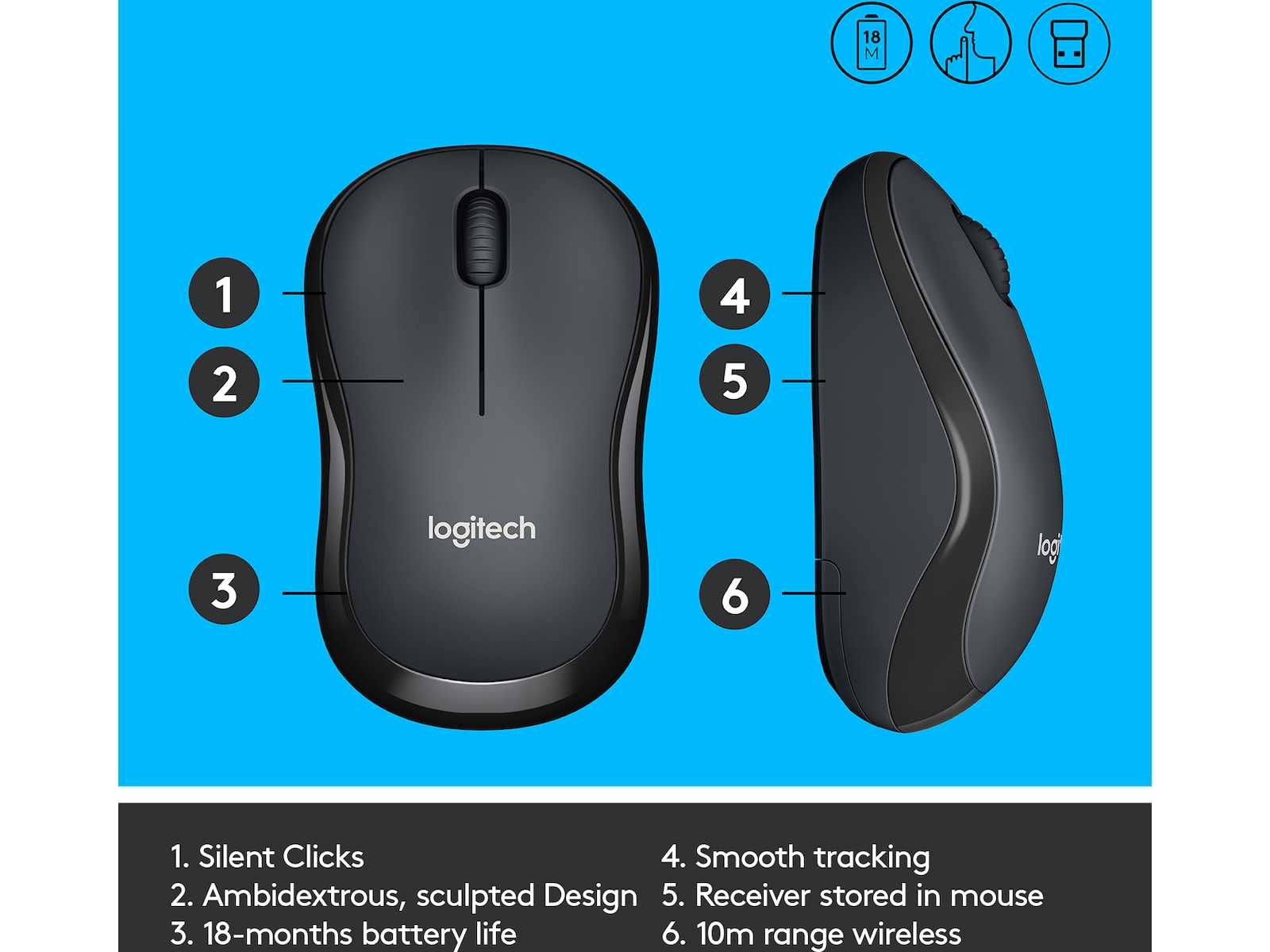 Logitech M220 Silent trådlös PC -mus, svart Mus