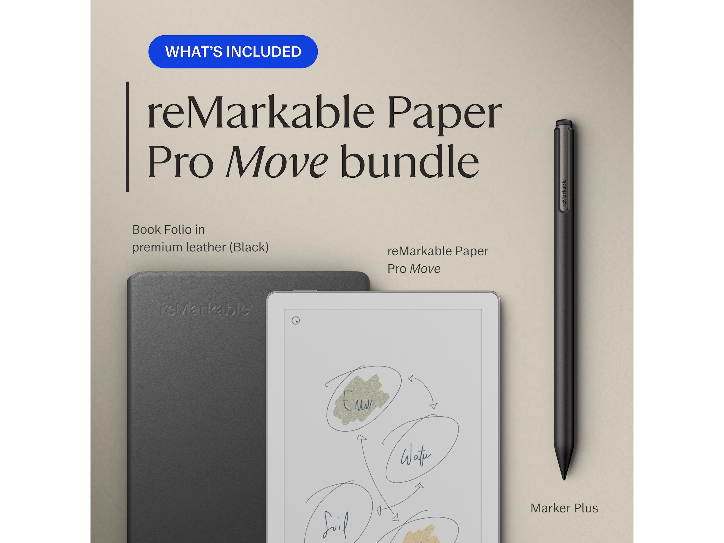 reMarkable Paper Pro Move 7,3" inkl. Marker Plus & Book Folio (svart skinn) Digitala anteckningsblock