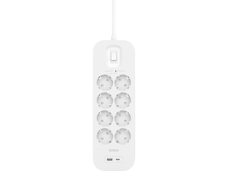 Belkin Strömförgrening 8x uttag och 2x USB 2m (vit) Överspänningsskydd