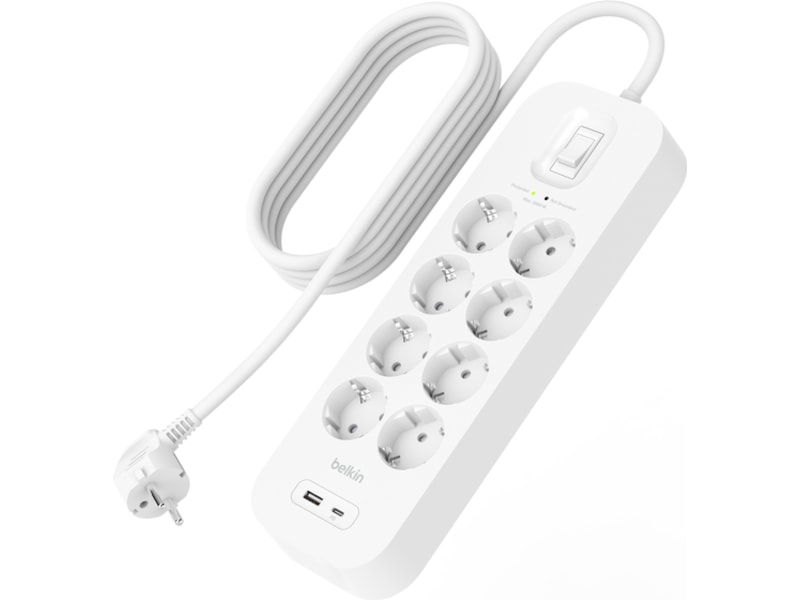 Belkin Strömförgrening 8x uttag och 2x USB 2m (vit) Överspänningsskydd