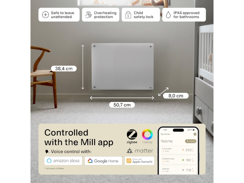 Mill Glass Smart WiFi Gen 4 panelradiator 400W Panelelement