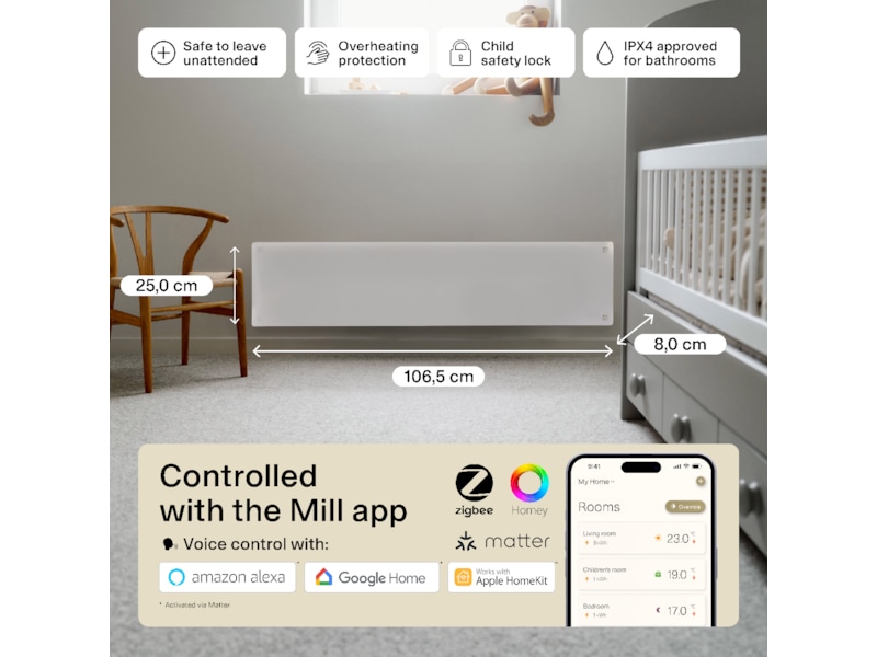 Mill Glass Smart WiFi Gen 4 panelradiator 850W Panelelement