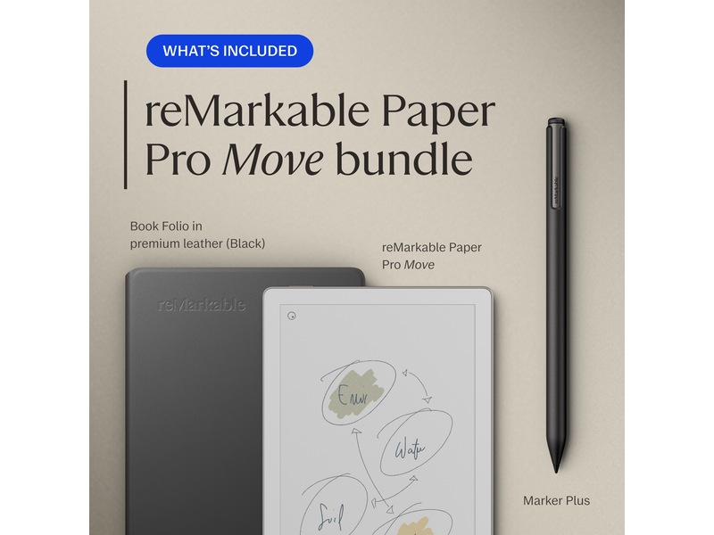 reMarkable Paper Pro Move 7,3" inkl. Marker Plus & Book Folio (svart skinn) Digitala anteckningsblock