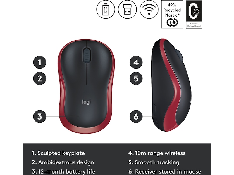 Logitech M185 Trådlös Mus Röd Mus
