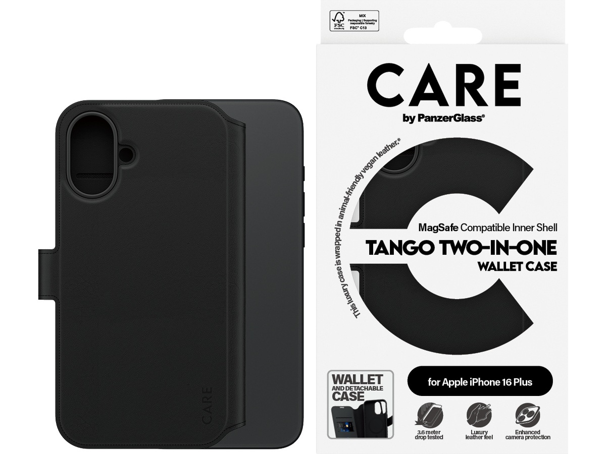 PanzerGlass CARE iPhone 16 Plus Tango 2-i-1 Plånboksfodral (svart) Skydd