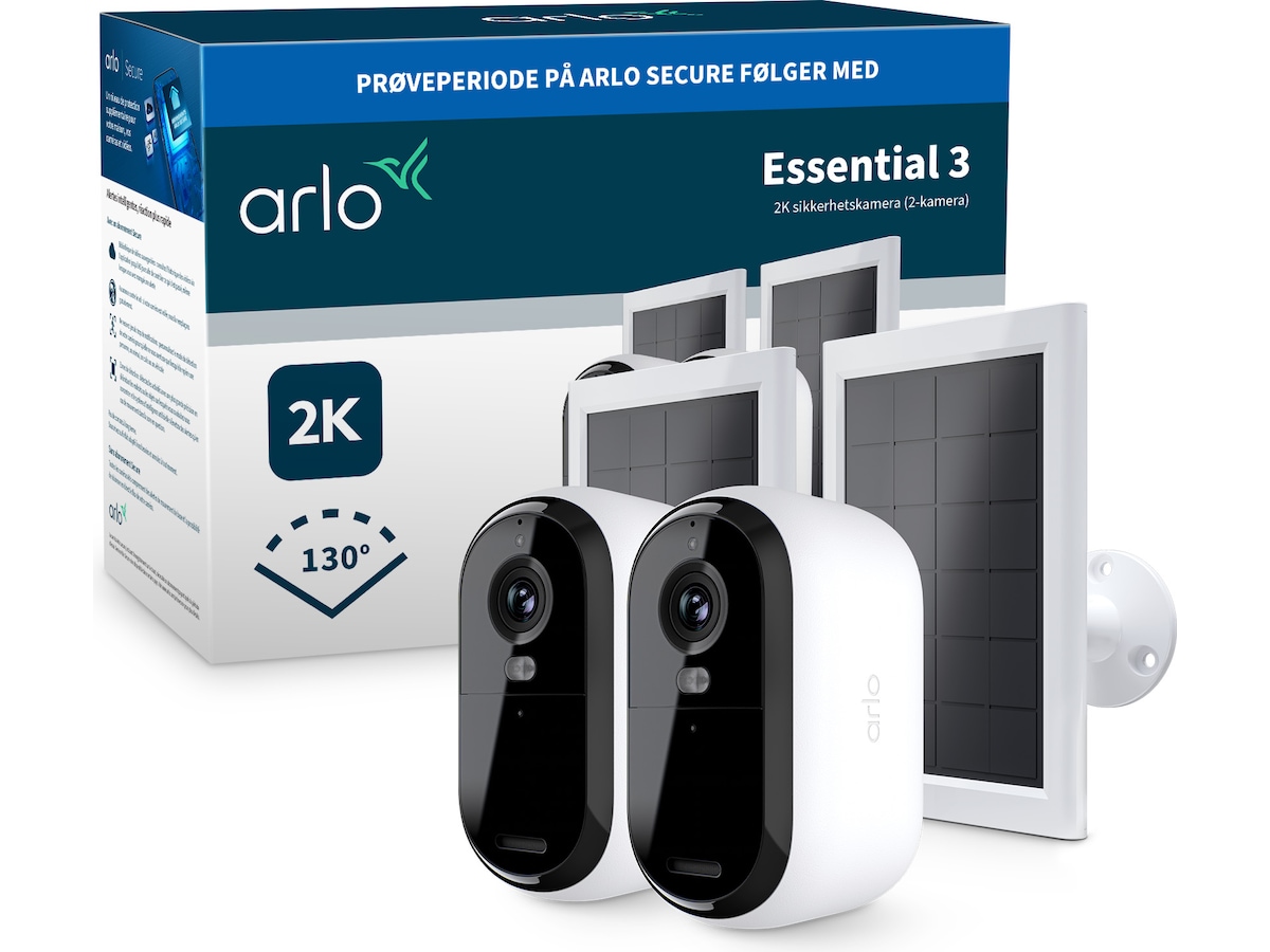 Arlo Essential 3 2K utomhus övervakningskamera med solcellspanel 2-pack Övervakningskamera