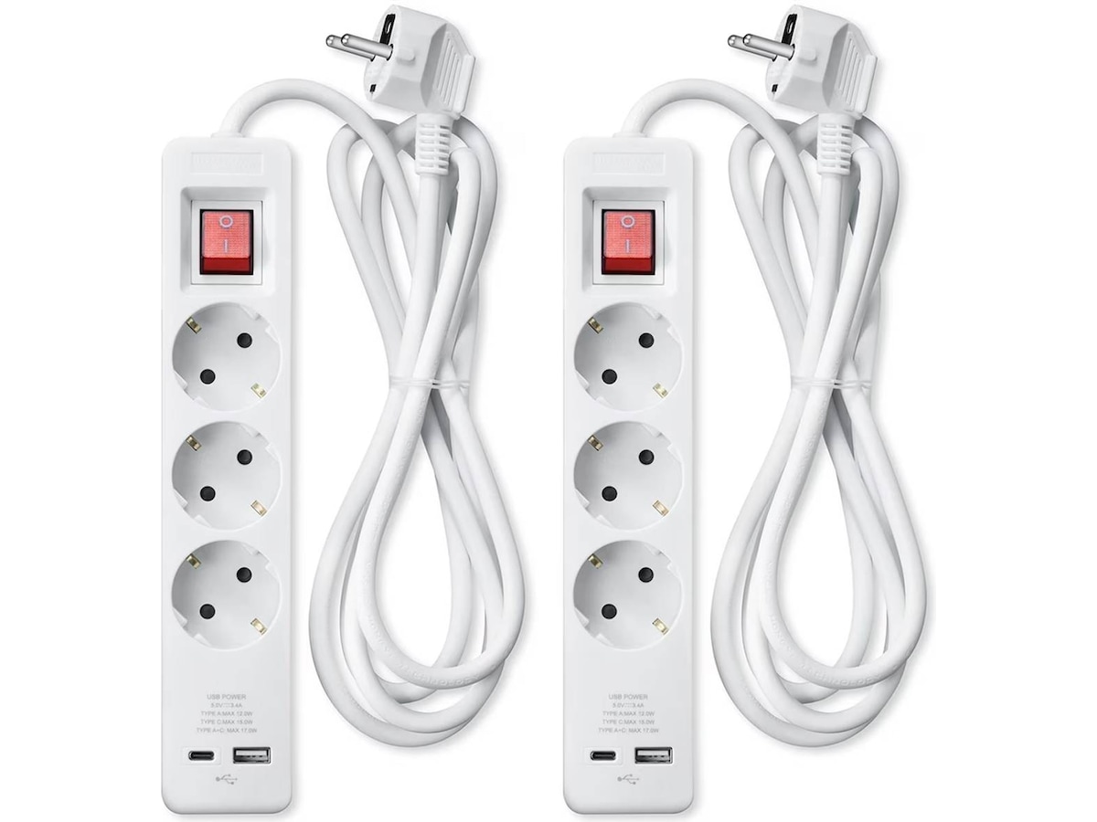 Andersson grenuttag 3x uttag och 2x USB 1,5m (vit) 2-pack Förlängningskabel & förgrening