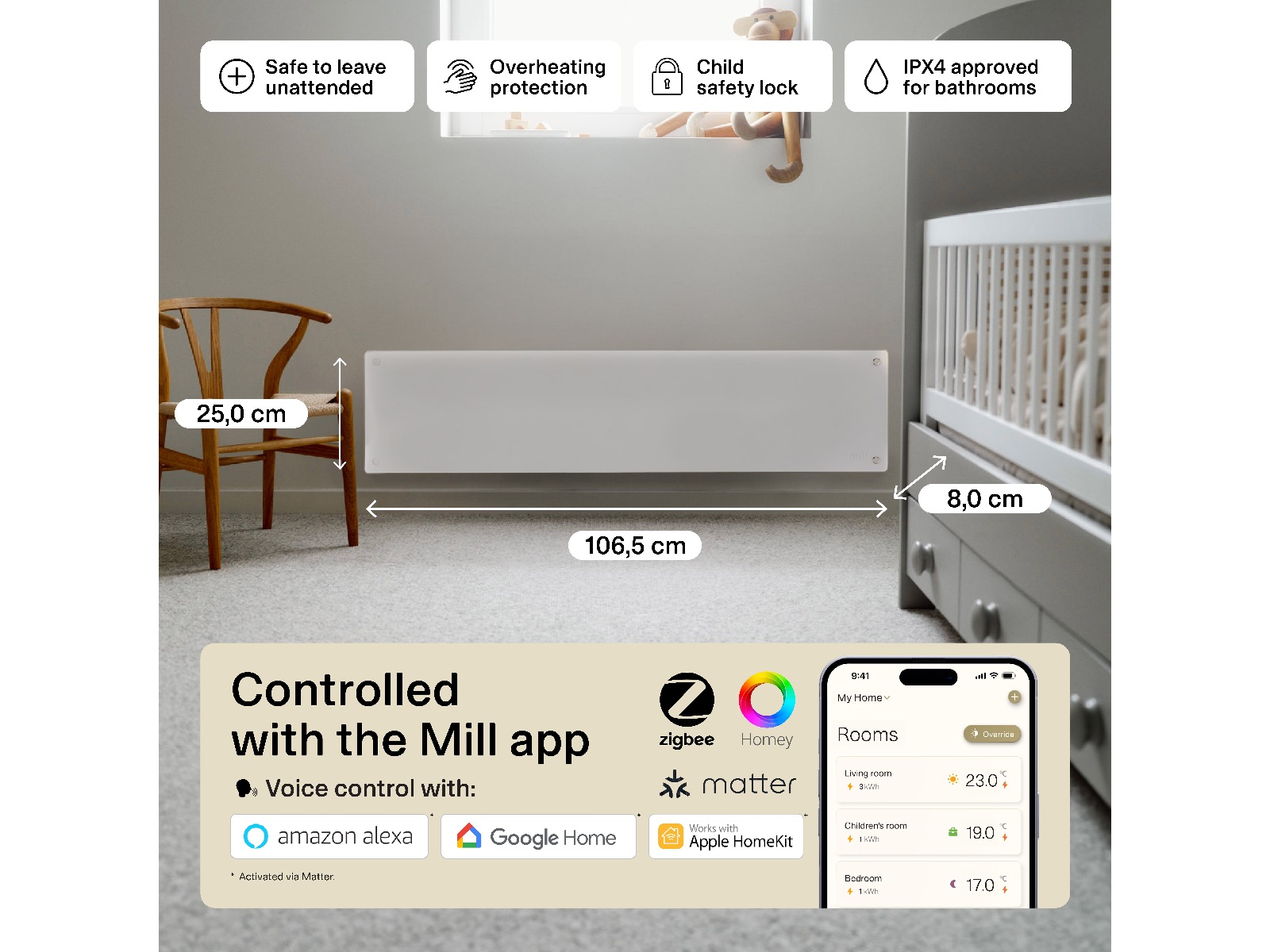 Mill Glass Smart WiFi Gen 4 panelradiator 850W Panelelement