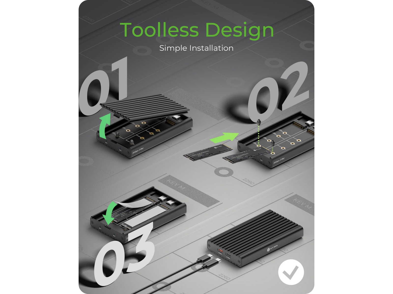 Icy Box 2 fack M.2 PCIe NVMe-kabinett Externa Chassi