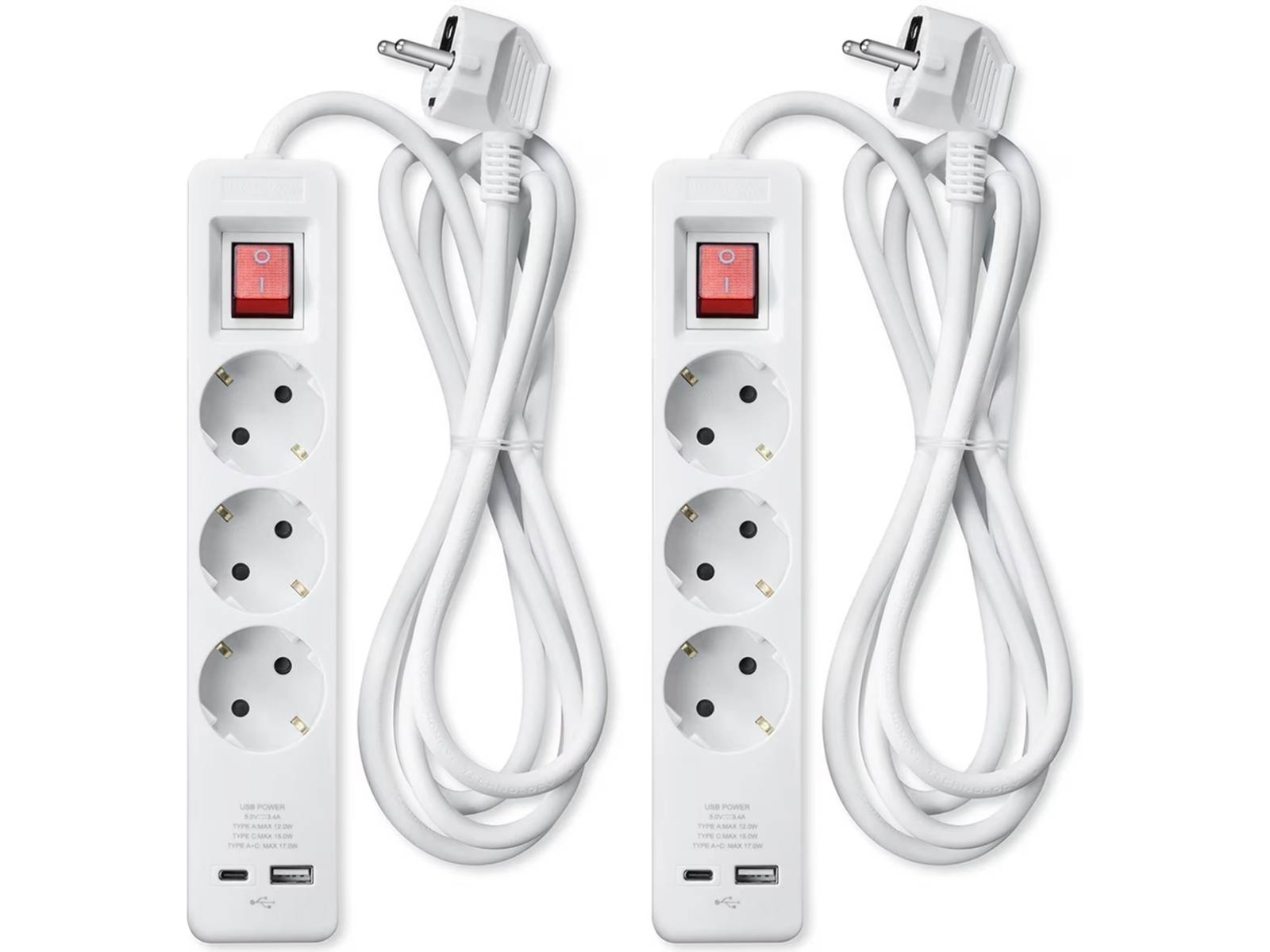 Andersson grenuttag 3x uttag och 2x USB 1,5m (vit) 2-pack Förlängningskabel & förgrening